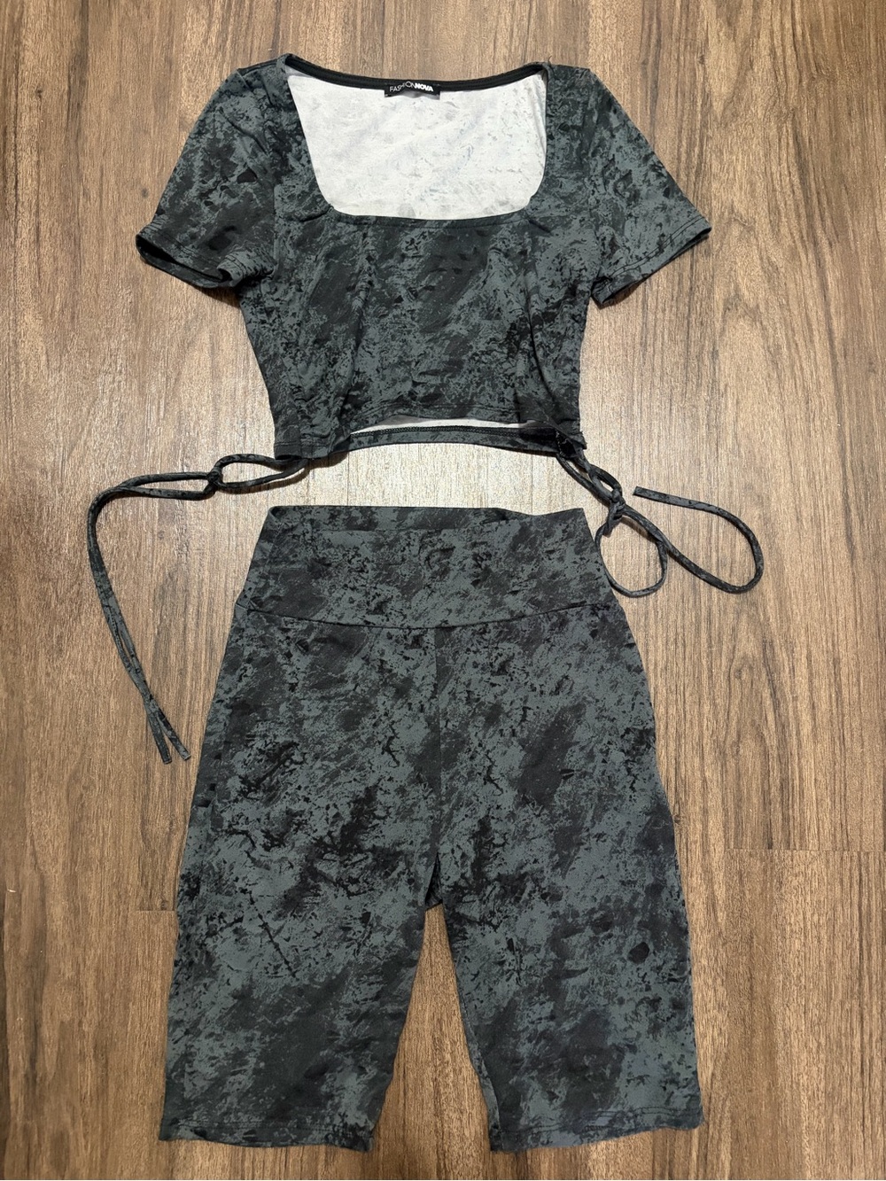 Fashion Nova Black Marble Tie-Back Crop Top & Biker Shorts Set